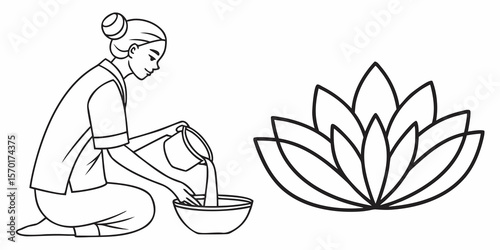 Woman kneeling and pouring water into a bowl next to a stylized lotus flower isolated on white background
