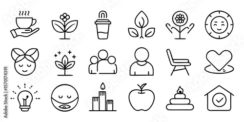 Collection of simple line art icons representing wellness self care and healthy lifestyle elements isolated on white background