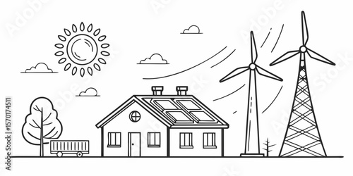 Eco friendly house with solar panels and wind turbines generating clean energy isolated on white background