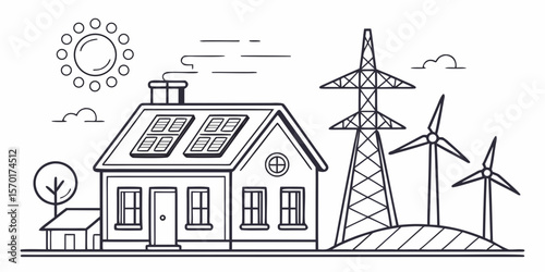 Modern house with solar panels and wind turbines representing renewable energy sources isolated on white background