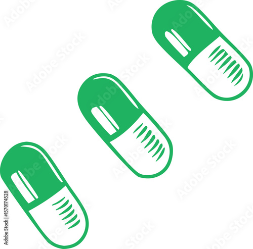 Three green medical capsules or pills arranged on a white background, isolated on a white or  transparent PNG background