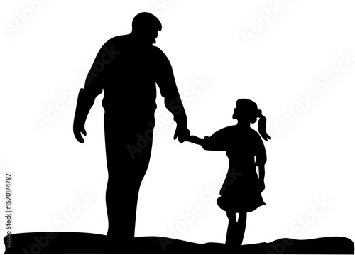 A black silhouette of a father and his young daughter walking hand in hand, set against a white background