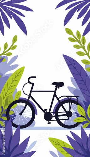 Vector illustration of a modern bicycle in a serene botanical lime and purple environment, nature-inspired concept.