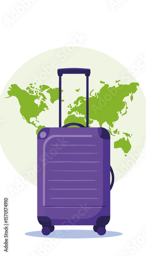 Vibrant purple suitcase rolling against a lime-colored globe design and minimalistic world map backdrop, travel and adventure concept