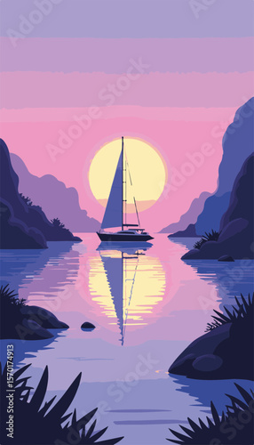 Vector yacht sailing in a calm bay during sunset, surrounded by minimalist rock formations and foliage, concept of tranquility and adventure.