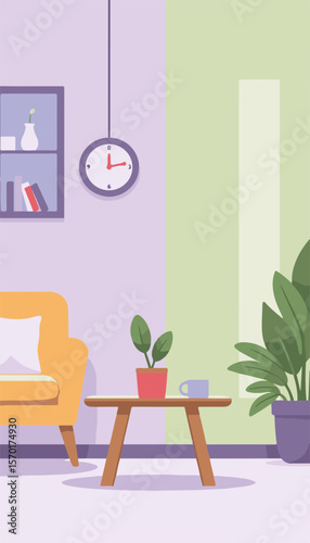 Cozy flat vector illustration of a living room with a plush armchair, coffee table, wall clock, minimalistic purple and lime background, concept of home decor and interior design.