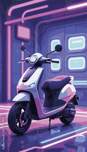Futuristic electric scooter in sleek design, vibrant purple and lime digital backdrop, concept of modern urban mobility solutions