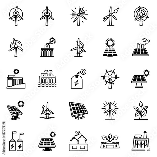 A comprehensive vector icon set illustrating various aspects of green and sustainable energy, including wind power, solar energy, hydropower, and eco-friendly growth, presented in a clean line art sty
