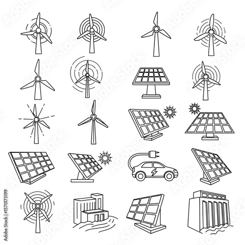 A comprehensive vector icon set illustrating various forms of renewable energy, including wind turbines, solar panels, hydroelectric dams, and electric vehicles, in a clean line art style.