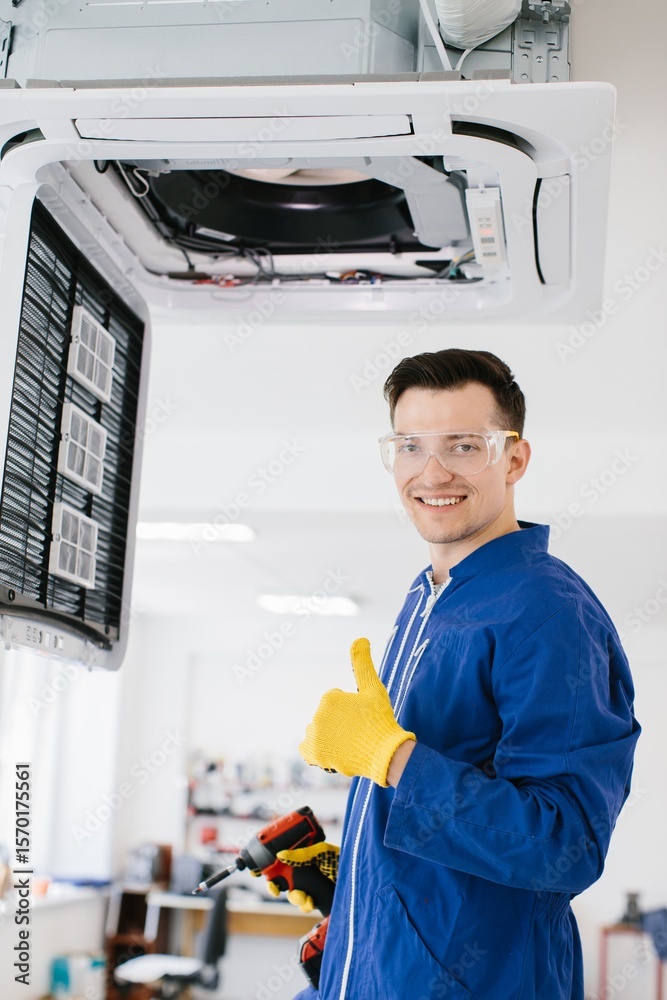 Obraz premium Hvac technician installing air conditioner and showing thumbs up