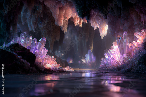 Crystal Cave:  Journey into an ethereal cave, where crystal formations glisten, the subterranean space reflecting mystical beauty and the allure of geological marvels.