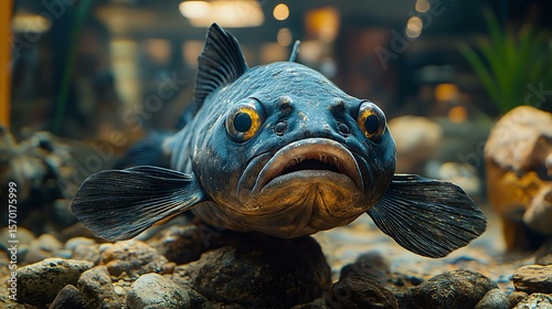 A close-up of a unique fish swimming in a tank, showcasing its intricate features and vibrant colors, surrounded by pebbles in an aquatic setting.