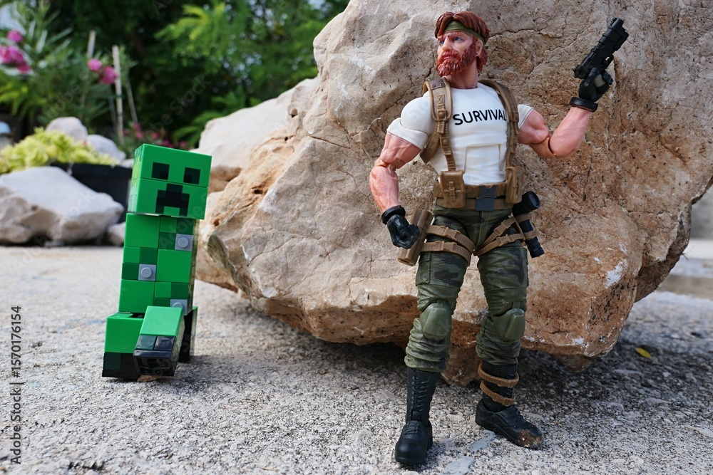 Fototapeta premium GI JOE action figure of survival instructor Outback, verion 2023 Classified edition, armed with pistol, ready to attack explosive green LEGO Minecraft Creeper from behind a shoreline rock.