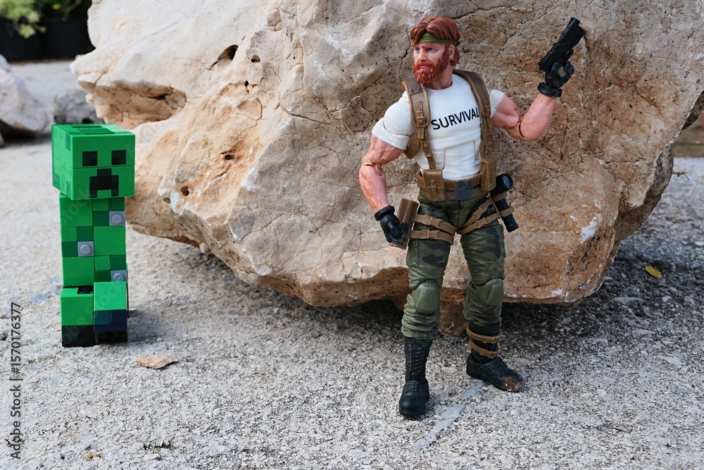 Obraz premium GI JOE action figure of survival instructor Outback, verion 2023 Classified edition, armed with pistol, ready to surprise explosive green LEGO Minecraft Creeper from behind a shoreline rock.