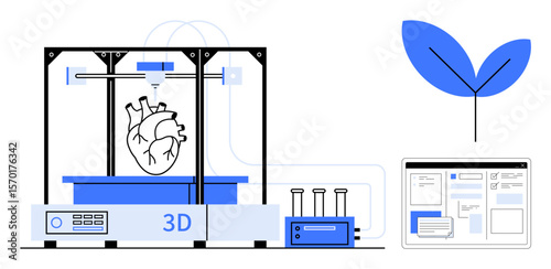 3D printer crafting heart model, test tubes representing science, digital interface symbolizing design. Ideal for healthcare, innovation, sustainability, education, research, tech future concepts