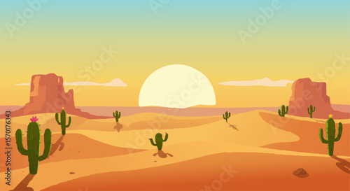 Cartoon desert landscape with cactus, hills, sun and mountains silhouettes, vector nature horizontal background.