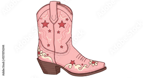 Pink Western Boot with Star and Floral Design on White