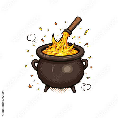 Vibrant pop art cauldron bubbling with fiery colors and dynamic shapes, isolated on white, concept of creativity and imagination.