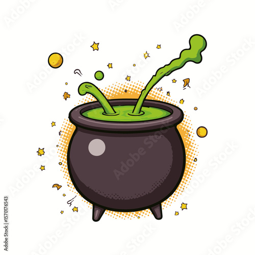 Vibrant pop art cauldron with green mist and dynamic shapes, isolated on white background, concept of creativity and imagination in design.