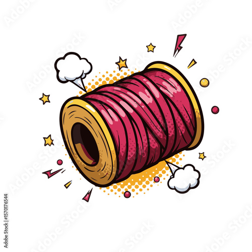 Vibrant pop art Voodoo thread spool showcasing dynamic shapes on a white background, concept of creativity and artistic expression.