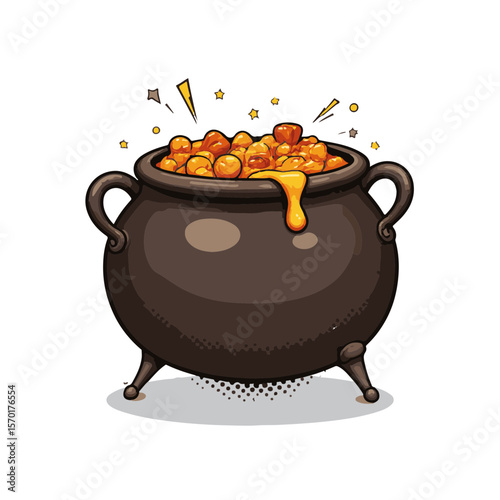 Colorful pop art cauldron bubbling over with stew, isolated on white background, creativity and cooking concept.