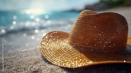 A beautiful straw sun hat rests on sparkling sand by the beach, capturing the essence of summer and relaxation by the ocean.