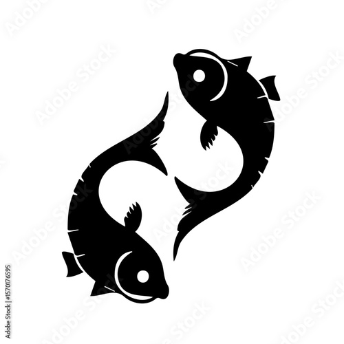 Signs of the zodiac, Pisces symbolized by two flowing fish silhouettes swimming in harmony against  a transparent background