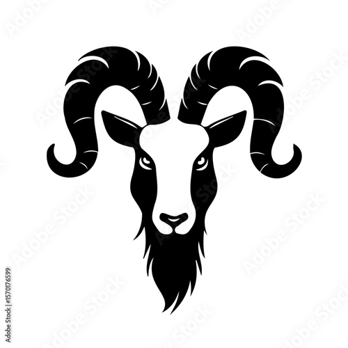 Signs of the zodiac, Aries symbolized by a striking ram’s head silhouette with impressive curled horns against  a transparent background