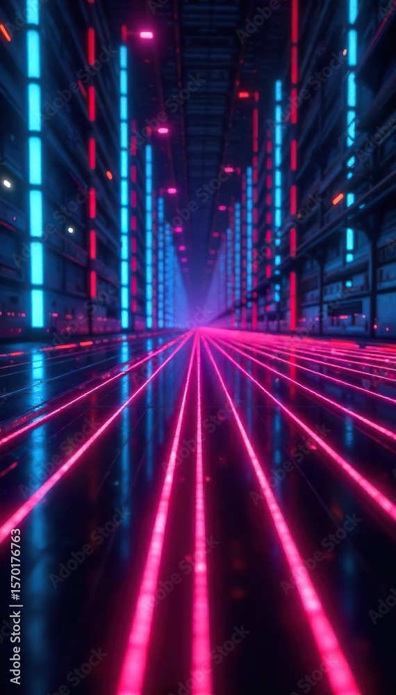 Obraz premium Glowing Lines Form Futuristic Light Grid in Dark Sci-Fi Space; Vibrant, Energetic, Technologically Advanced Energy Theme