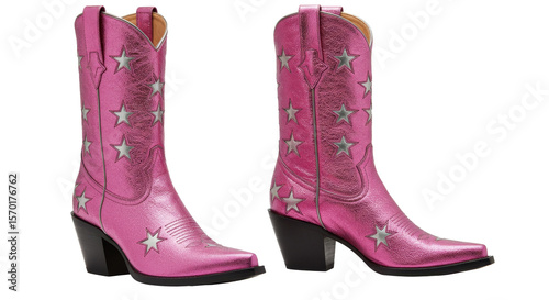 Pink Cowgirl Boots with Star Pattern Two Boots on White Background