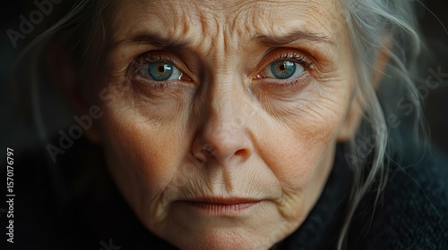 An intense portrait of an elderly woman with deep wrinkles and striking blue eyes, conveying emotion and wisdom through her expressive gaze.