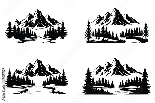 Set of Majestic Mountain and Forest Silhouettes in Black and White