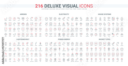 Arrows, green energy and power plants, electricity line icon set. Smart house system of electrical appliances control, lightning and thunder bolt thin black and red outline symbols vector illustration