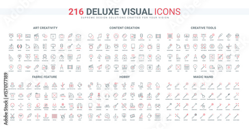 Art creativity, vlogging, online content share line icon set. Fabric feature for fashion industry, textile with sun and water, wind protection thin black and red outline symbols vector illustration