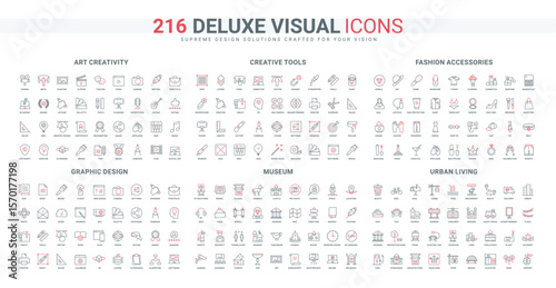 City infrastructure and museum equipment, creative art and design line icon set. Software settings and artist vision, online tools for creativity thin black and red outline symbols vector illustration