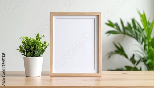 写真立てとグリーンのあるデスク風景