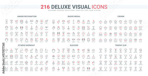 Success achievement trophy, gold cup and crown, medal line icon set. Different prizes, diploma and money rewarding victory, sport triumph thin black and red outline symbols vector illustration