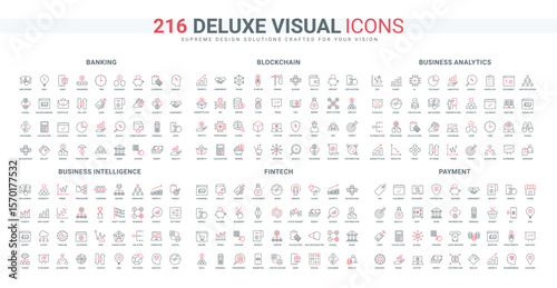 Finance analytics, payment by cash and online line icon set. Research of algorithms, alternatives and trends for business growth line icon set thin black and red outline symbols vector illustration