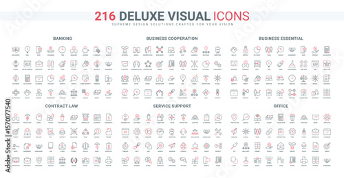 Contract agreement and teamwork, office process, business essential line icon set. Online banking, access to money and protection of savings thin black and red outline symbols vector illustration