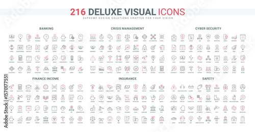Safety of works, cybersecurity and digital crime protection, insurance policy and documents line icon set. Risk warning and money income thin black and red outline symbols vector illustration