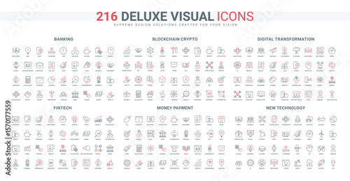 Digital transformation, blockchain and fintech, banking, money exchange and payment line icon set. Centralization and decentralization of data thin black and red outline symbols vector illustration