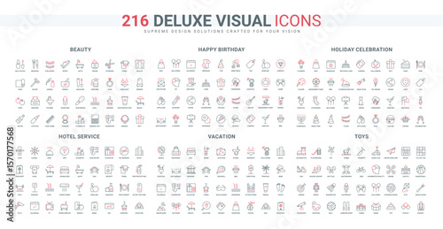 Toys and equipment for games, music and sports, holidays and birthday celebration line icon set. Fashion perfume and make up kit, hotel service thin black and red outline symbols vector illustration