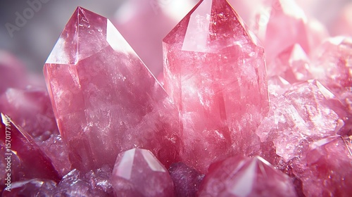 Close-up view of sparkling pink crystals with sharp edges, showcasing their natural beauty and intricate details, ideal for backgrounds and designs.
