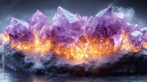 Eye-catching purple crystals glowing with fiery orange light, set against a dark background, creating a mystical and enchanting atmosphere.