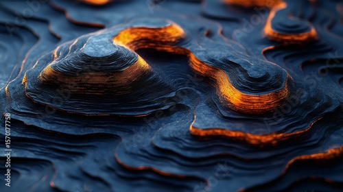 Abstract 3D landscape featuring textured layers with glowing orange highlights, evoking a surreal and artistic atmosphere.