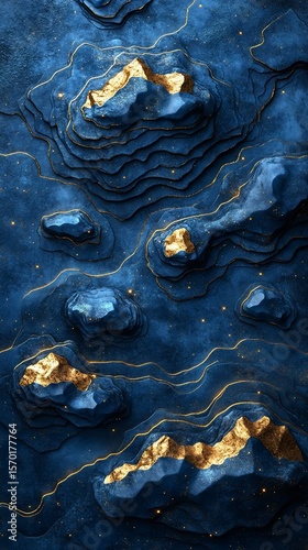 Stunning abstract landscape featuring blue textures and gold highlights, evoking a sense of depth and luxury in a unique artistic style.