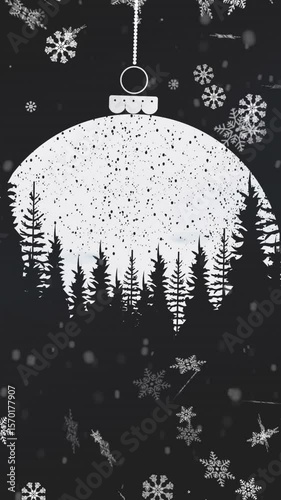 Animation of bauble over snow falling on black background