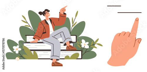 Woman sitting on stacked books with greenery, pointing upward. Hand pointing at horizontal lines. Ideal for education, growth, focus, knowledge, aspirations learning communication. Simple flat