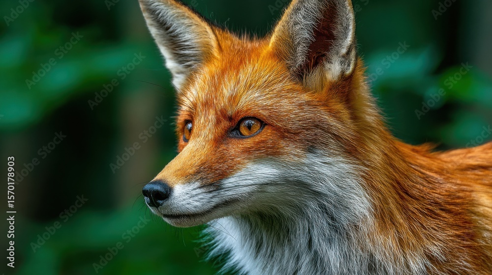 Fototapeta premium A Eurasian red fox stands alert in the forest, its orange and white fur glistening in the sunlight. The animal has a focused gaze, surrounded by lush greenery.