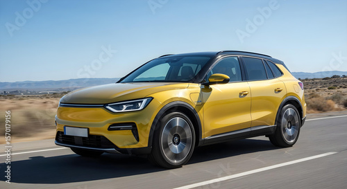 bright yellow ev suv in countryside drive.